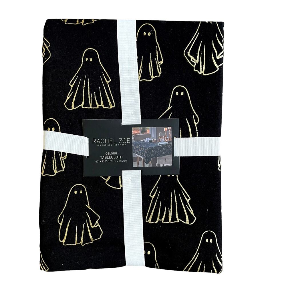 Rachel Zoe HALLOWEEN GHOST Tablecloth 60x120 Oblong Cotton Black & Gold NEW